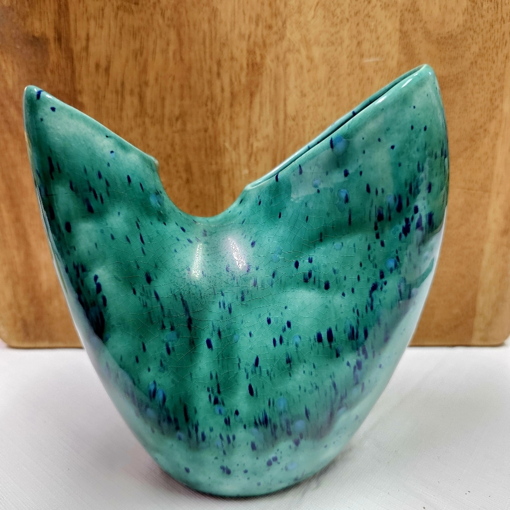 Vintage Double-Mouth Green Drip Glazed Pottery Vase, Mid-Century - Picture 2 of 6